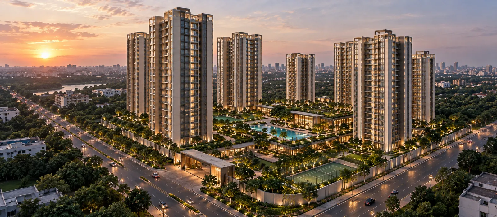 Landscaped central green and open space within a residential plotted community in Indore
