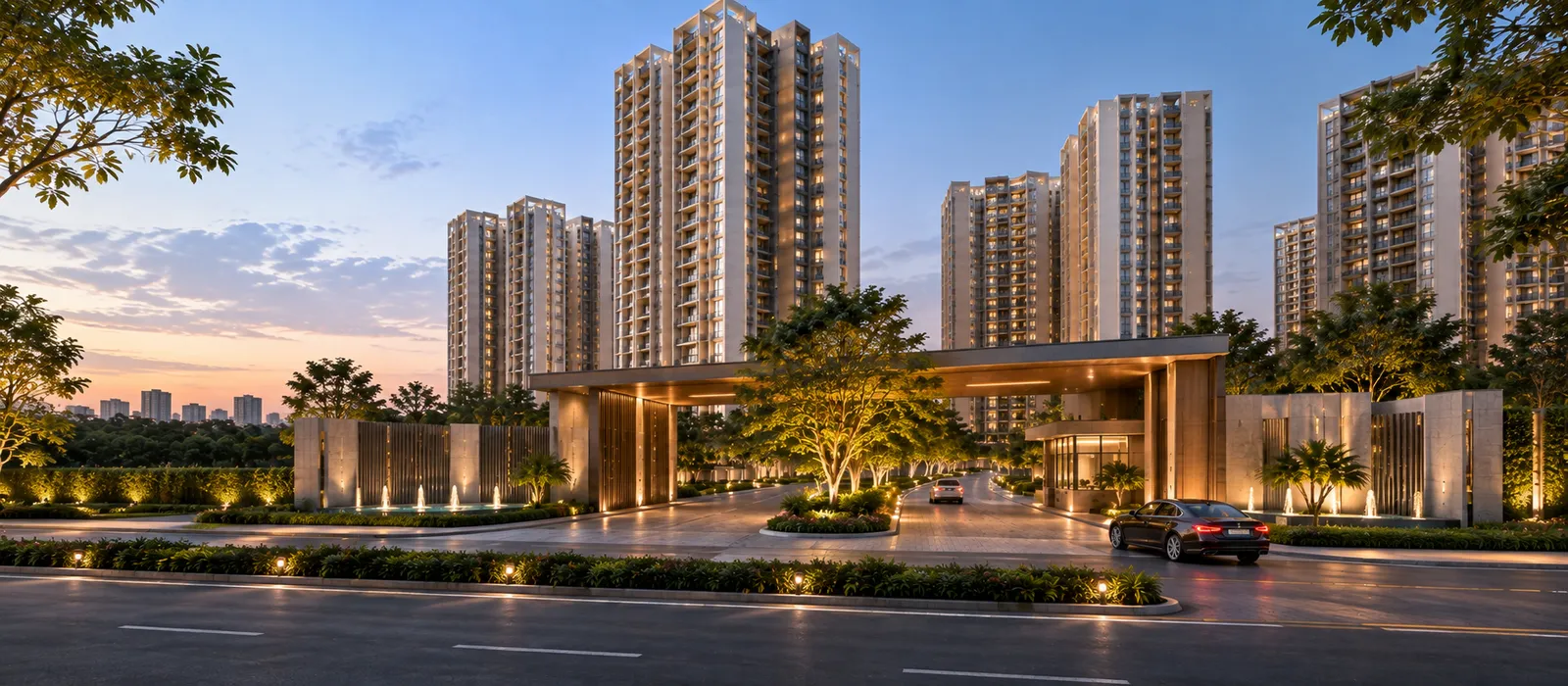 Wide internal road and landscaped entrance at a gated plotted township on the Super Corridor, Indore