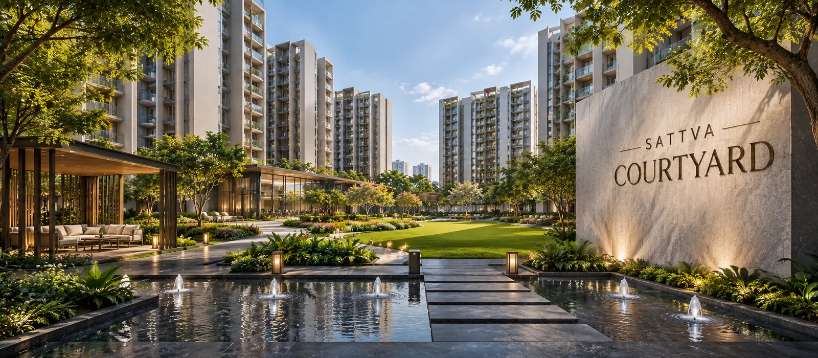 Gated entrance plaza at Omaxe Super Corridor Indore