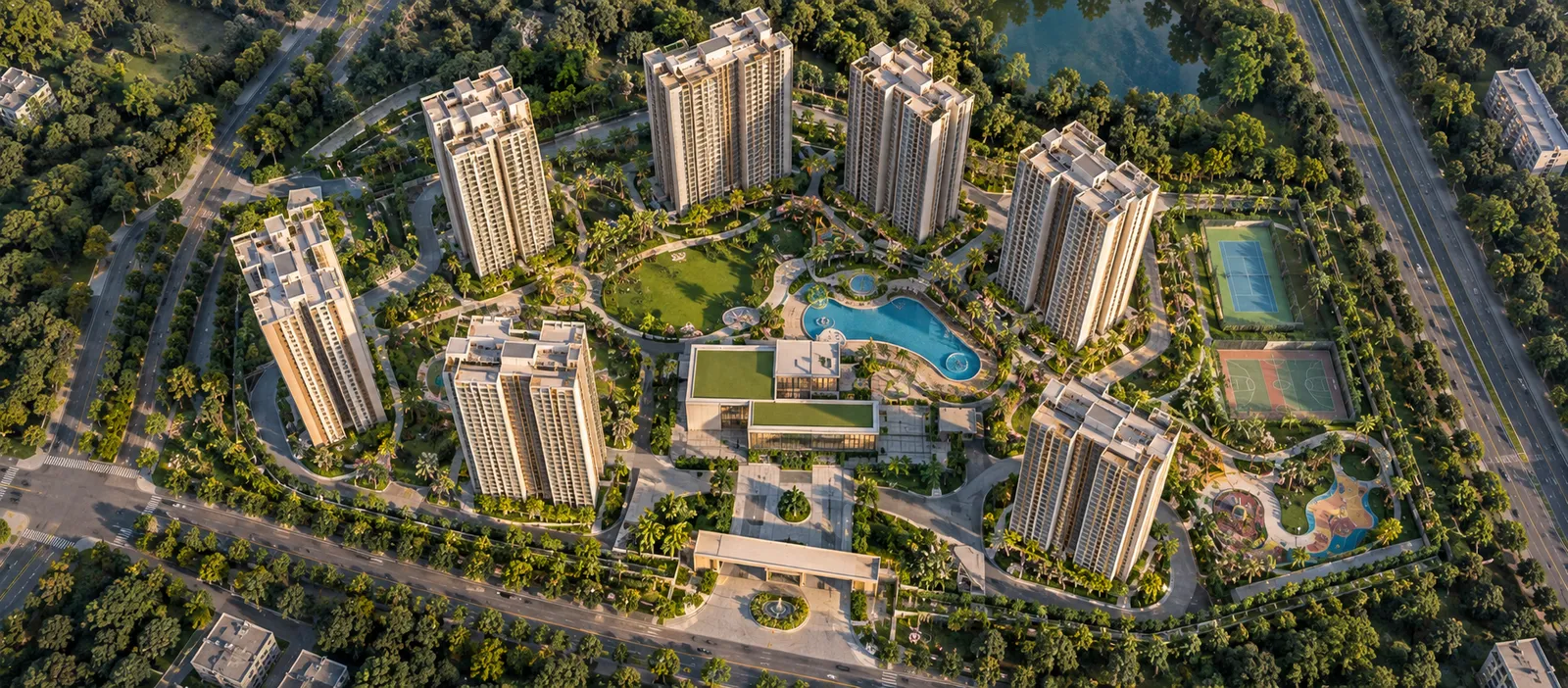 Landscaped community zone at Omaxe Super Corridor